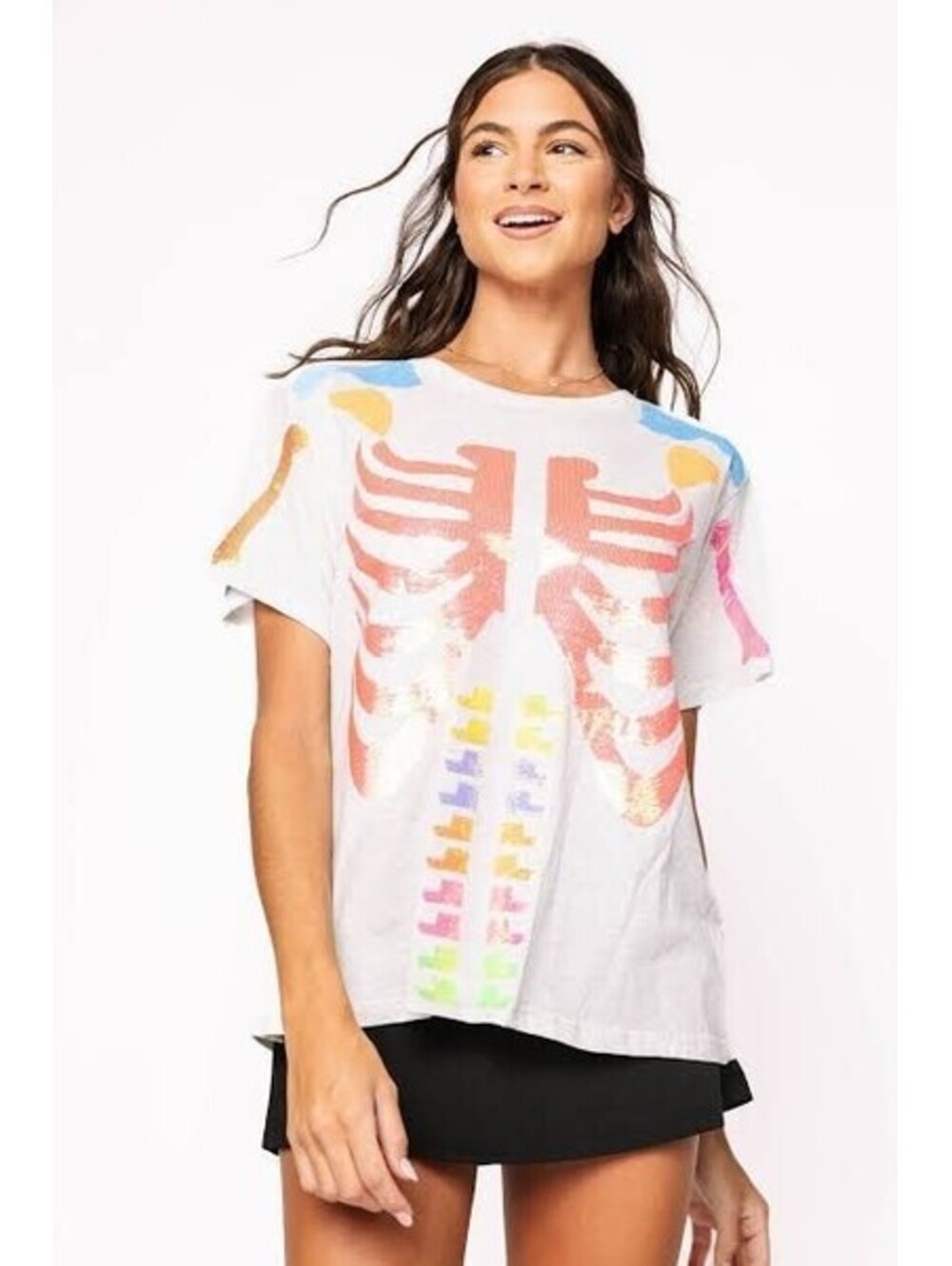 QUEEN OF SPARKLES GREY MULTI NEON SEQUIN SKELETON RIBCAGE SHIRT HALLOWEEN NEW - Picture 1 of 5
